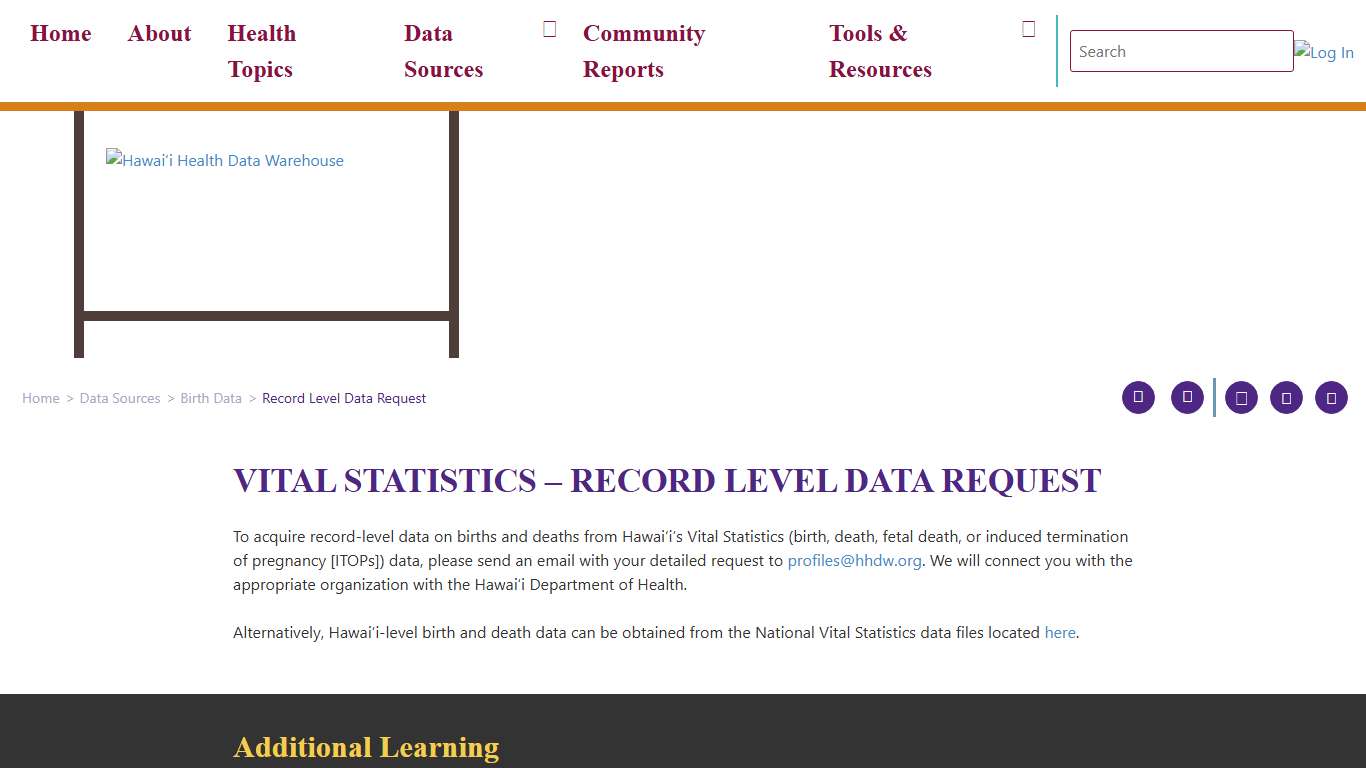 Record Level Data Request – Hawai'i Health Data Warehouse